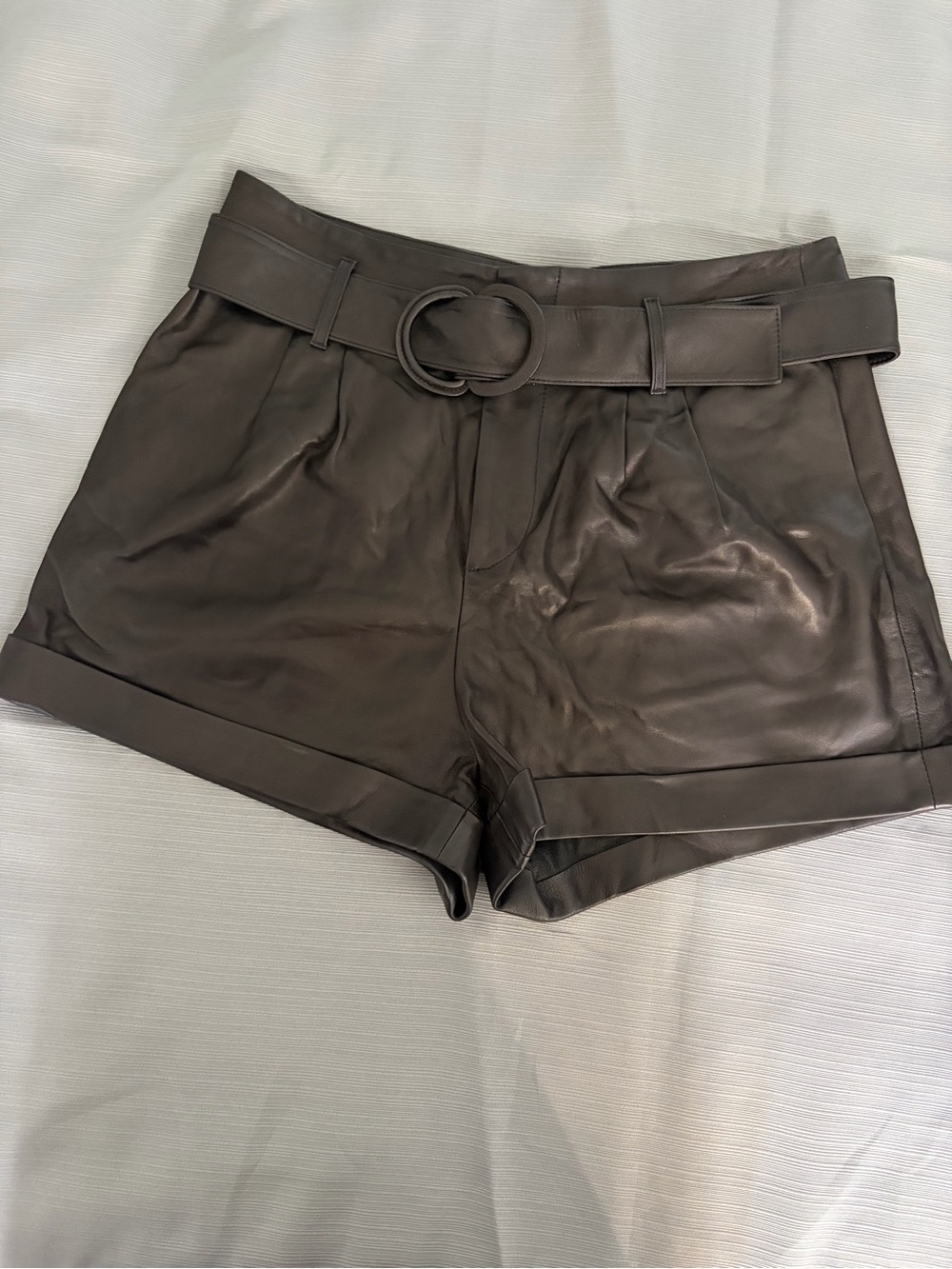 Frame Denim High-Waist Belted Leather-Look Shorts — Brown